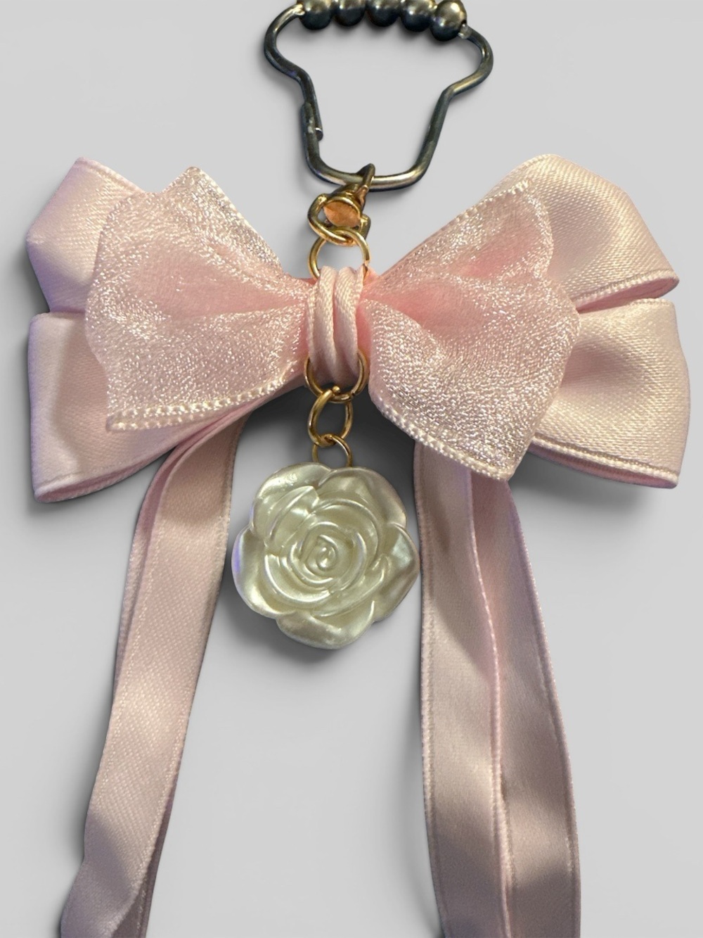 Delicate Pink Bow Shower Curtain Hooks with Silver Metal Hooks